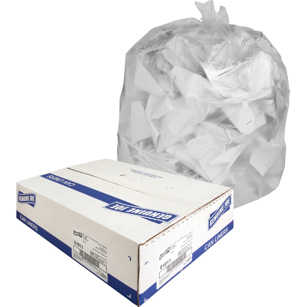 Genuine Joe Clear Can Liners, 16 Gal, 0.6 Mil, 24 x 33 in, 500/Box