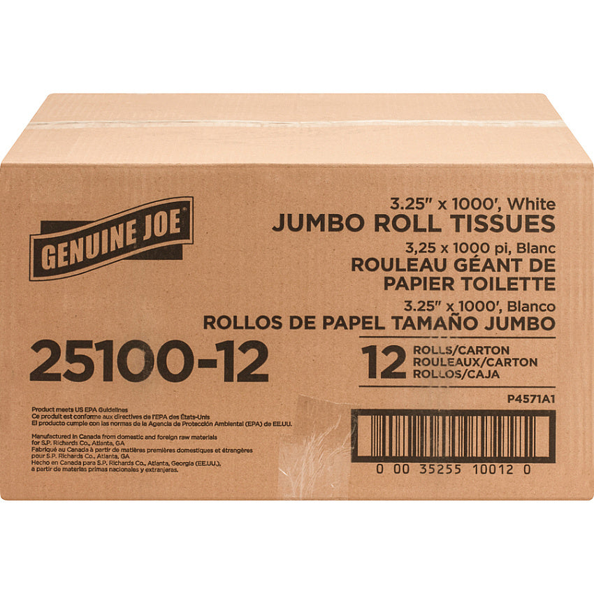 Genuine Joe Jumbo Toilet Paper, 2-Ply, 1,000 ft Rolls, 12/Case
