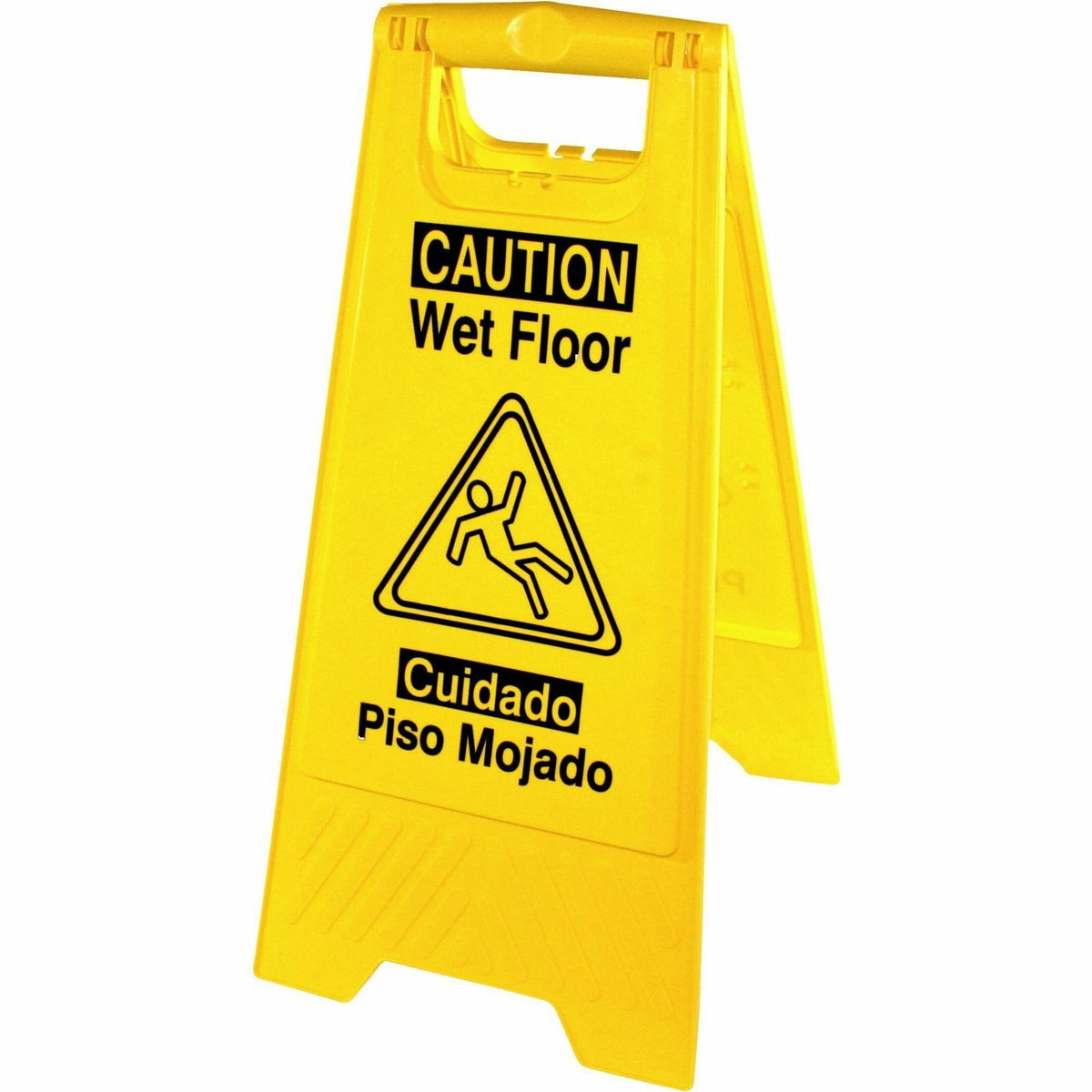 Genuine Joe Wet Floor Sign, English/Spanish, Folding, Yellow