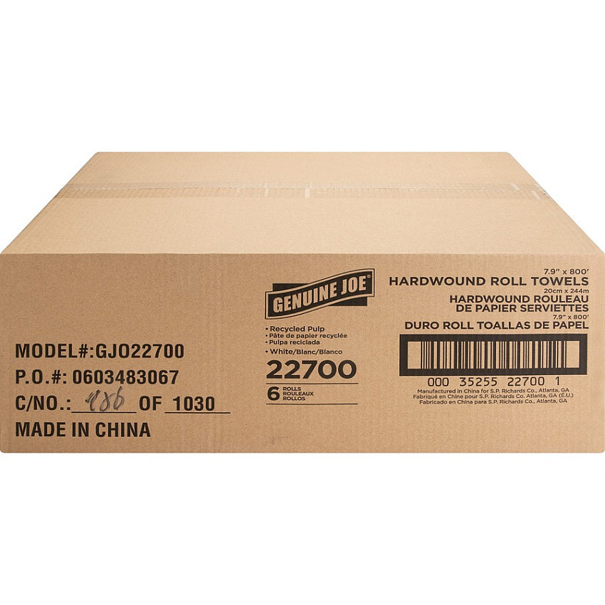 Genuine Joe Hardwound Paper Towels, White, 800 ft Rolls, 6/Case