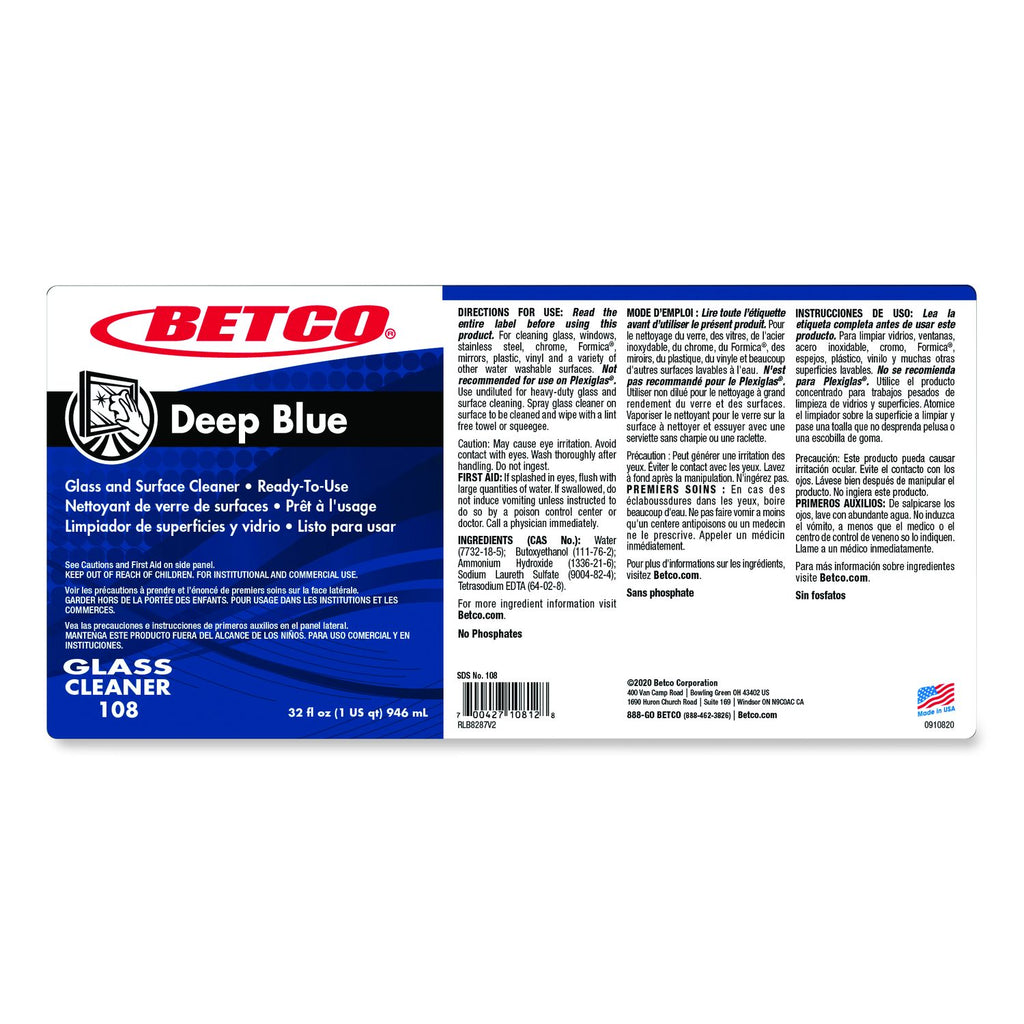 Betco Deep Blue Glass and Surface Cleaner label
