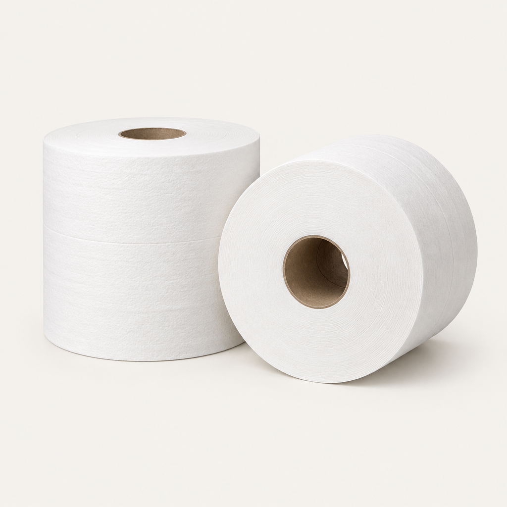 Two white 2-ply jumbo toilet tissue rolls