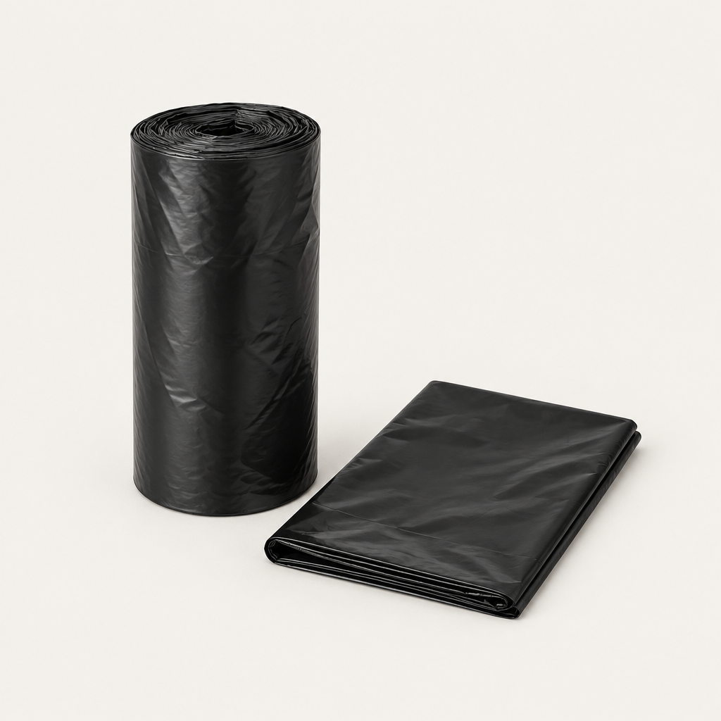 Roll of black 1.5 mil can liners with one liner folded beside it