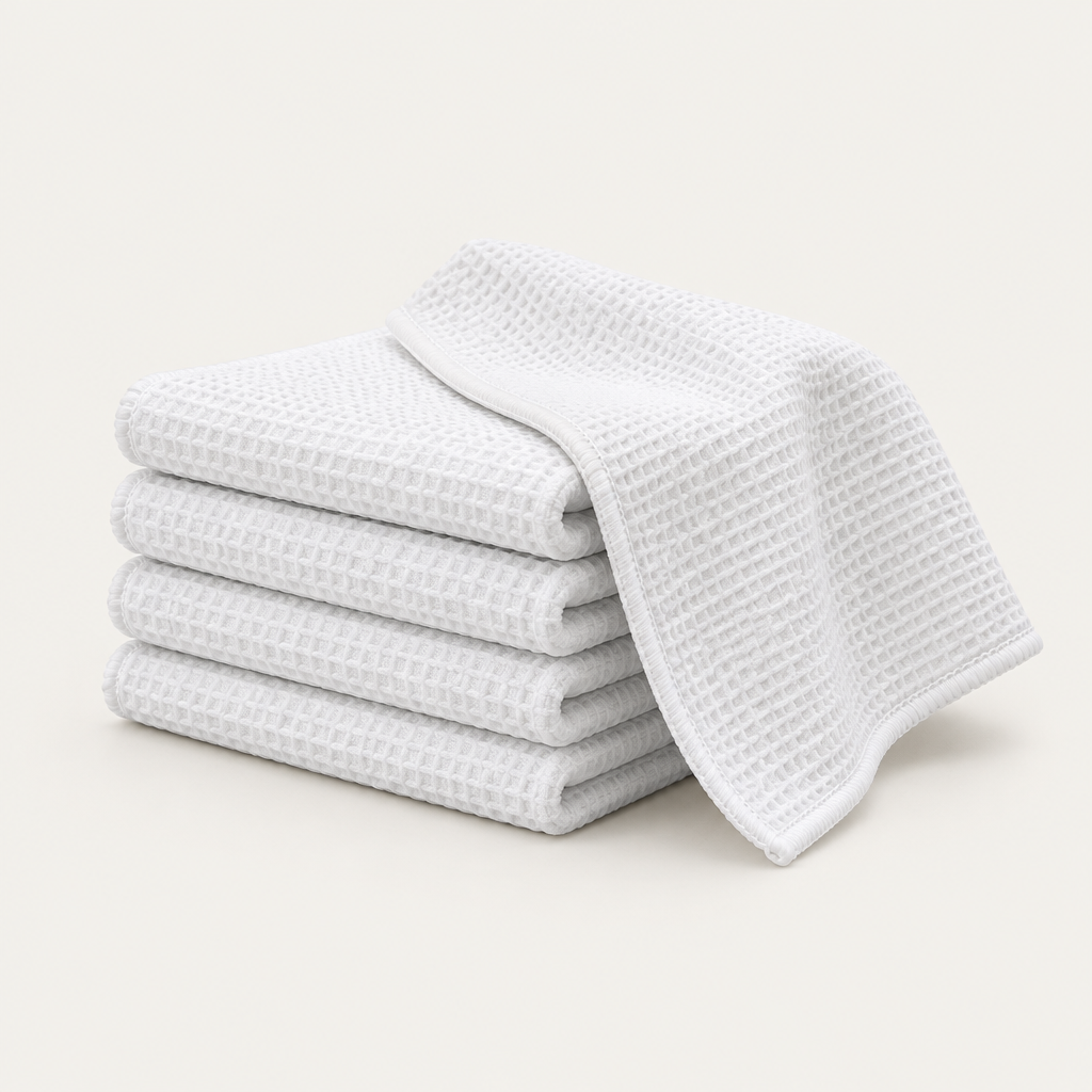 Stack of folded white microfiber cleaning cloths