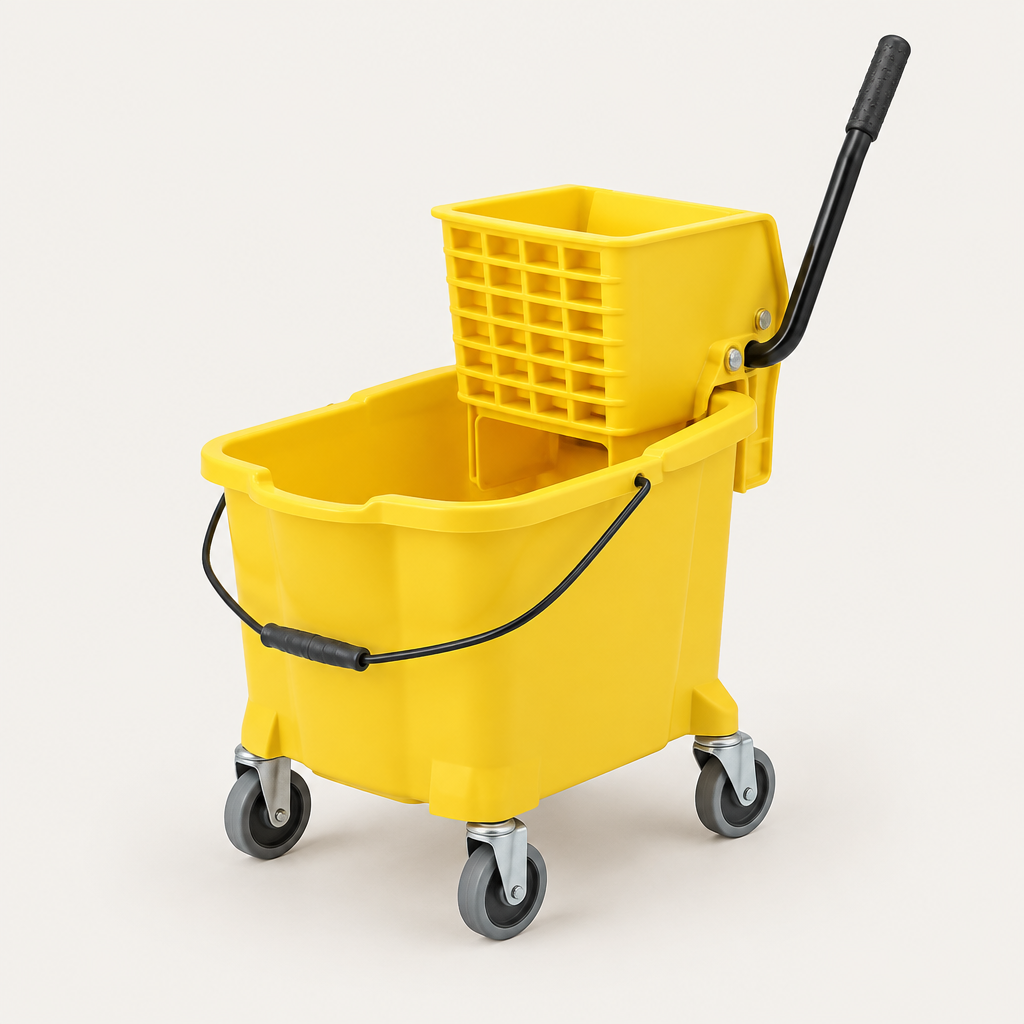 Yellow mop bucket with side-press wringer on casters