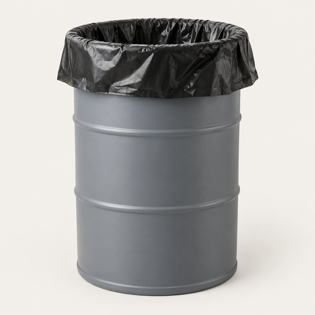 Oversized black liner cuffed over a 55 gallon drum