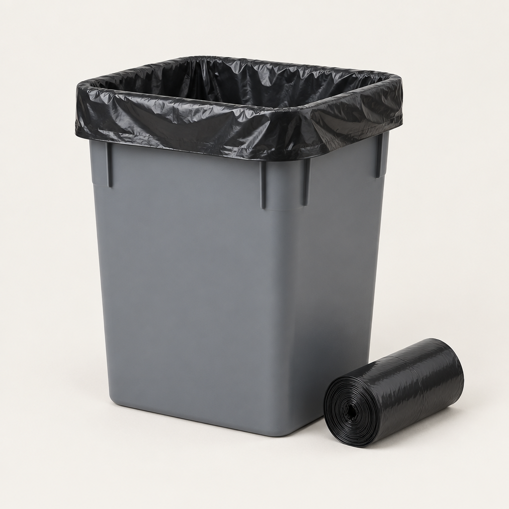Black 1.5 mil liner fitted in a 44 gallon square container
