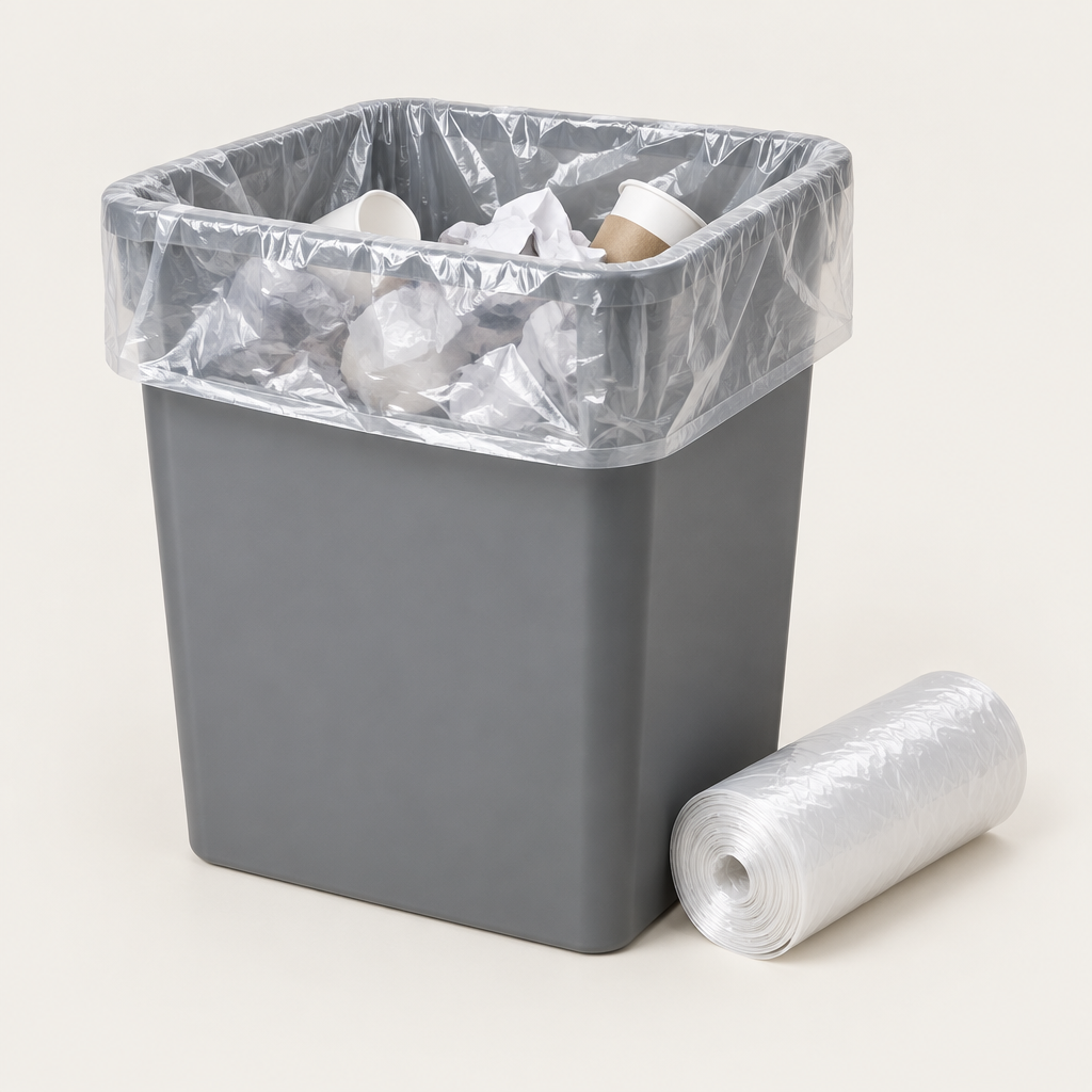 Clear liner in a square container with contents visible through the film